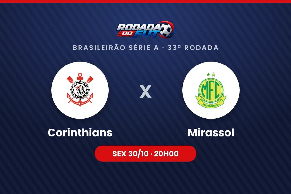 Arte com os escudos de Corinthians e Mirassol para o jogo pelo Brasileirão Série A, 33ª rodada